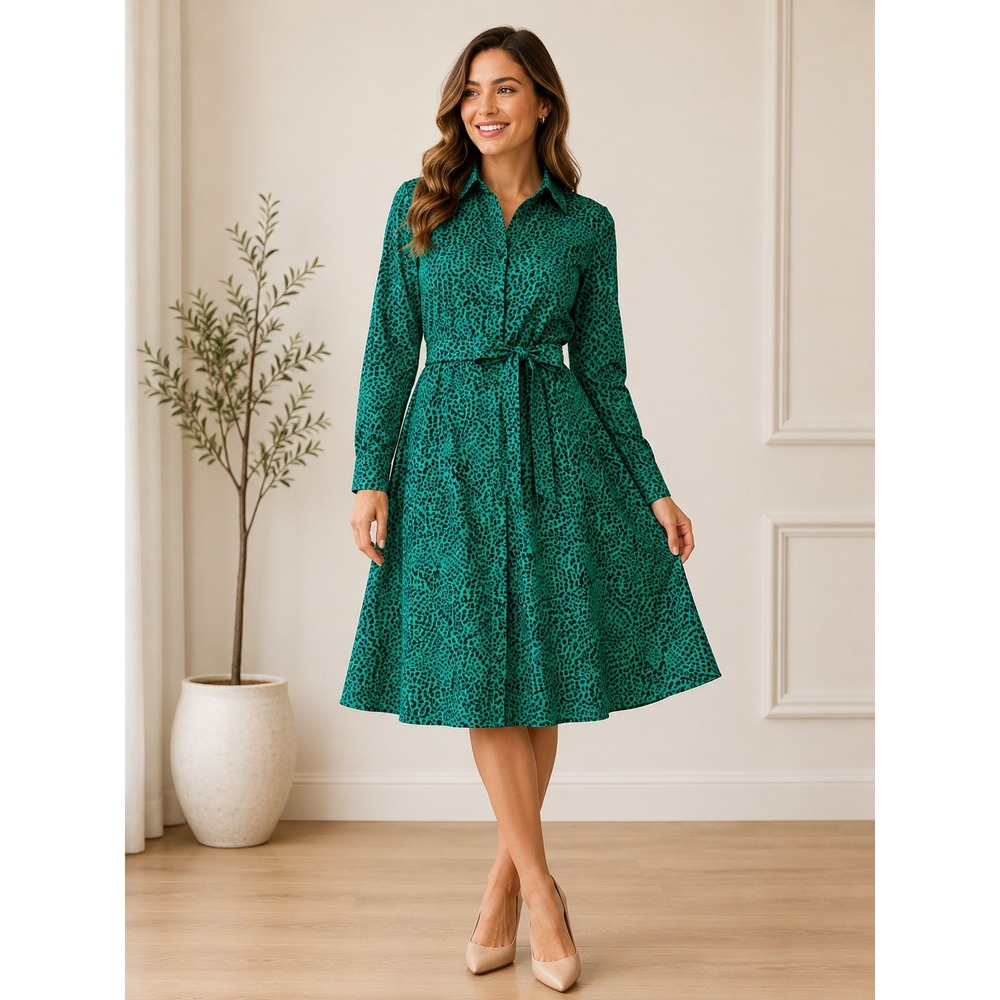Nannette Lepore Shirt Dress Green Animal Print Collared Button Front Size 6